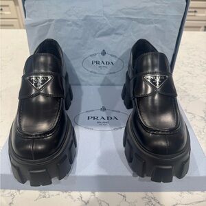 Prada brushed leather monolith loafers